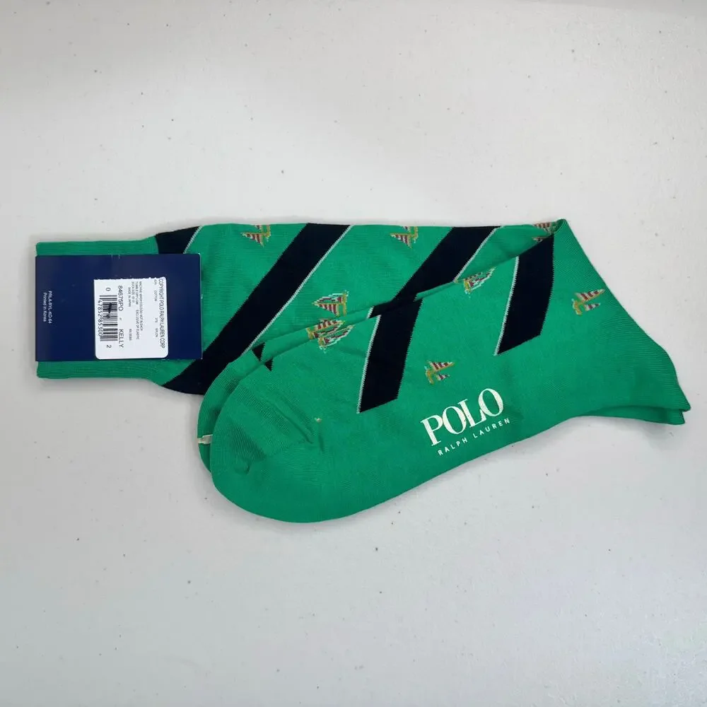 Polo Ralph Lauren Green Dress Socks Black Striped Sailboat Pattern Cotton Blend